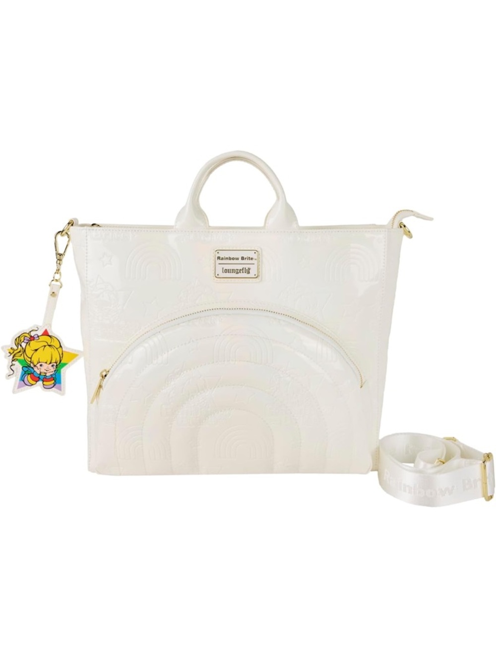 Loungefly White Patent Rainbow Tote with Character Charm NEW womens bags